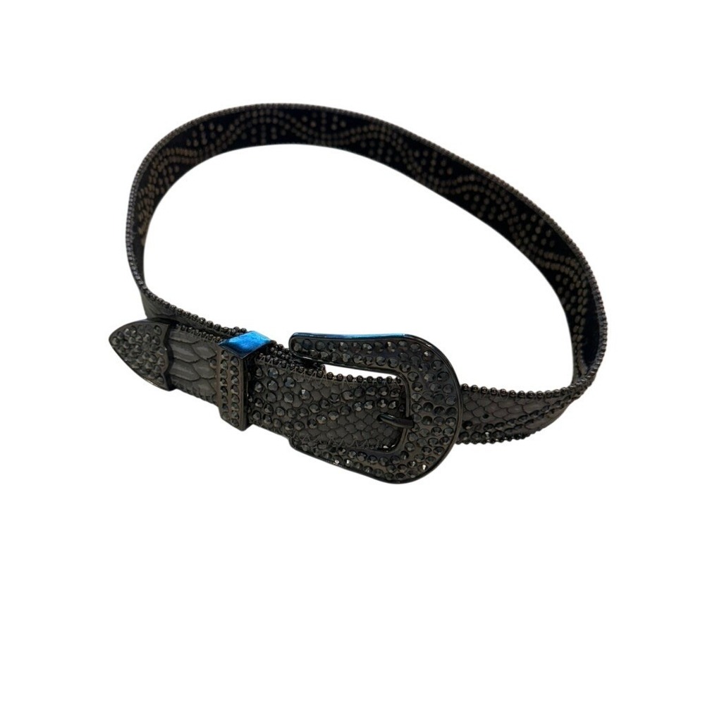 Western Rhinestone Faux Snakeskin Belt Black Hematite Crystal Y2K‎ Statement L